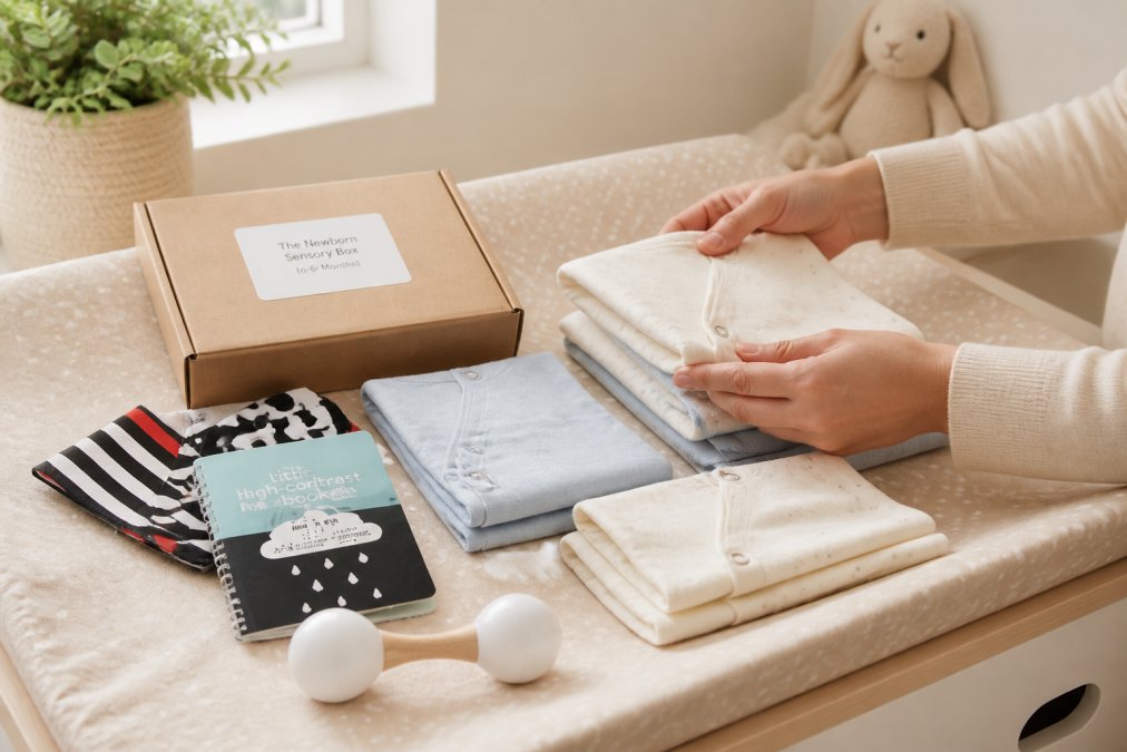 A parent's hands gently folding soft newborn sleepsuits in cream and pale blue, arranged neatly on a changing table with natural afternoon light illuminating the delicate fabrics