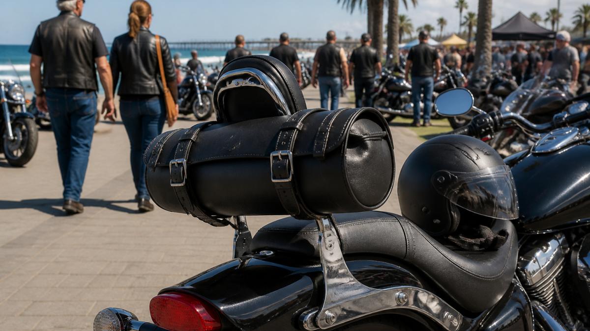 Leather sissy bar roll bag strapped to a cruiser motorcycle parked at a coastal motorcycle rally