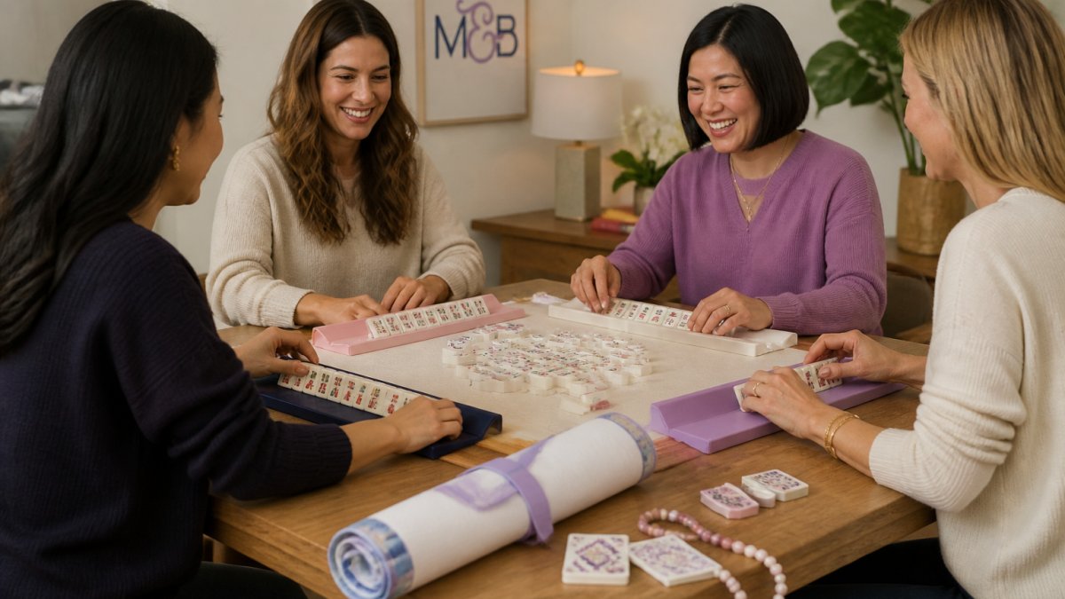 A group of friends sitting around a table set up for Mahjong, with tile racks, a rolled mat, cards, and beaded accessories visible on the table surface in warm indoor lighting