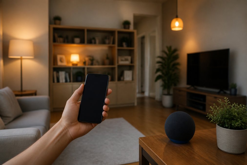 A person holding a smartphone with a smart home app open, standing in a living room with a smart speaker on a side table and warm smart lights glowing in the background