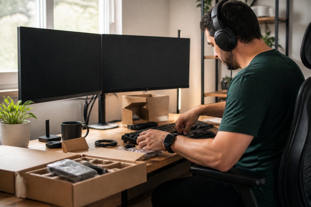 A digital professional sitting at a clean home office desk with an ultrawide monitor, mechanical keyboard, and noise-canceling headphones, natural light from a window, organized cable management, coffee mug nearby, focused expression