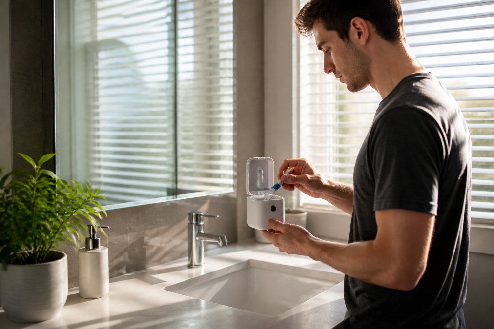 A young professional in a bright bathroom setting a compact UV toothbrush sanitizer on the counter next to a sink, morning light through the window