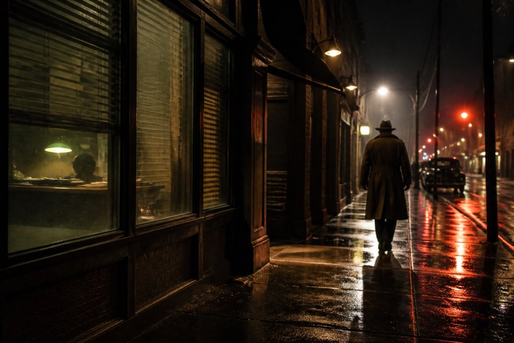 A moody, rain-slicked 1940s city street at night with a lone figure in a trench coat and fedora walking past a dimly lit detective agency window, neon sign reflecting in puddles