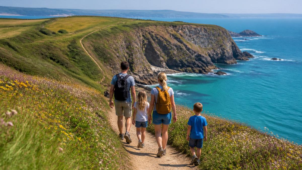 A family walking along the South West Coast Path with dramatic cliffs and turquoise water visible in the background, showing the scenic coastal landscape with wildflowers blooming on the clifftop