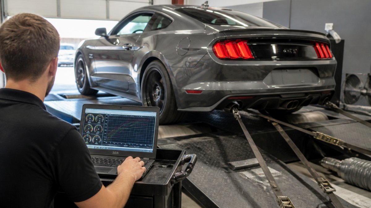 A Mustang GT strapped down on a chassis dyno inside a performance shop, rear wheels on the rollers, a technician at a laptop monitoring live data during a wide-open-throttle pull