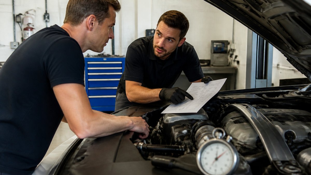 Professional technician and customer discussing Mustang engine specifications over an open hood with detailed documentation and diagnostic equipment visible in a modern performance shop