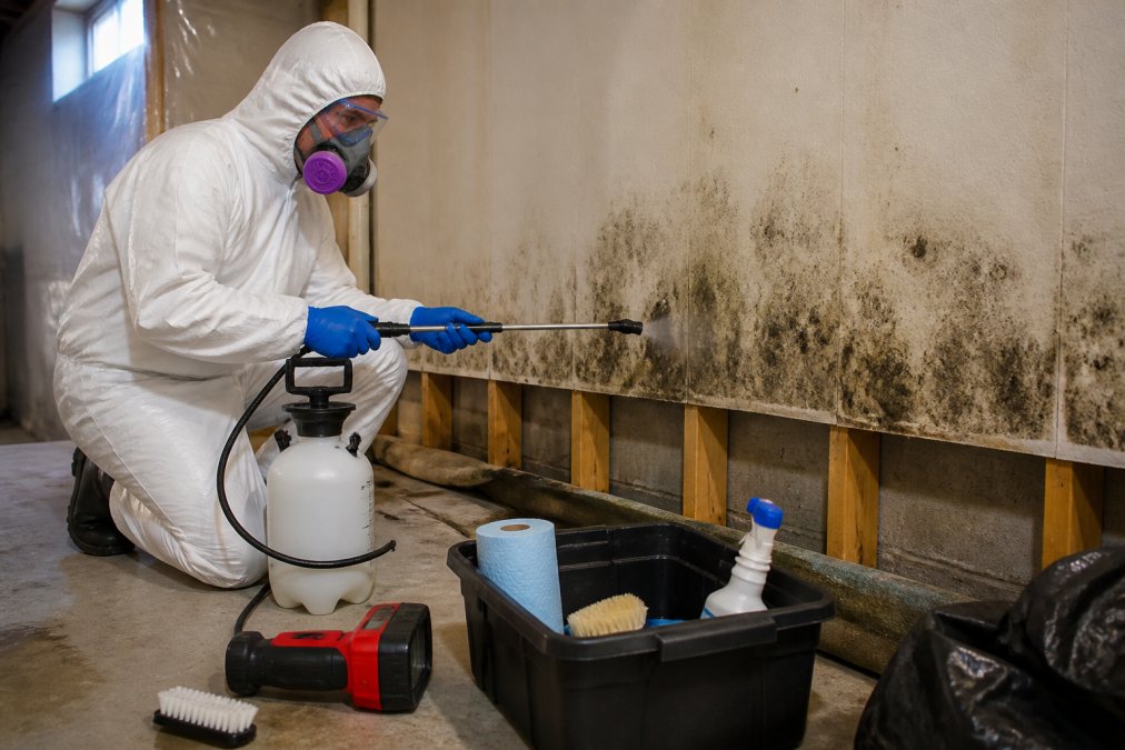 Certified restoration technician wearing full protective equipment including respirator, nitrile gloves, and safety goggles, using spray equipment to apply mold treatment to affected drywall in a basement