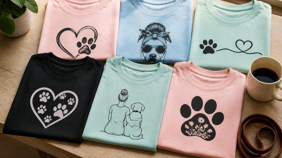 Folded graphic dog mom shirts arranged on a wooden surface with a leather leash and a ceramic coffee mug