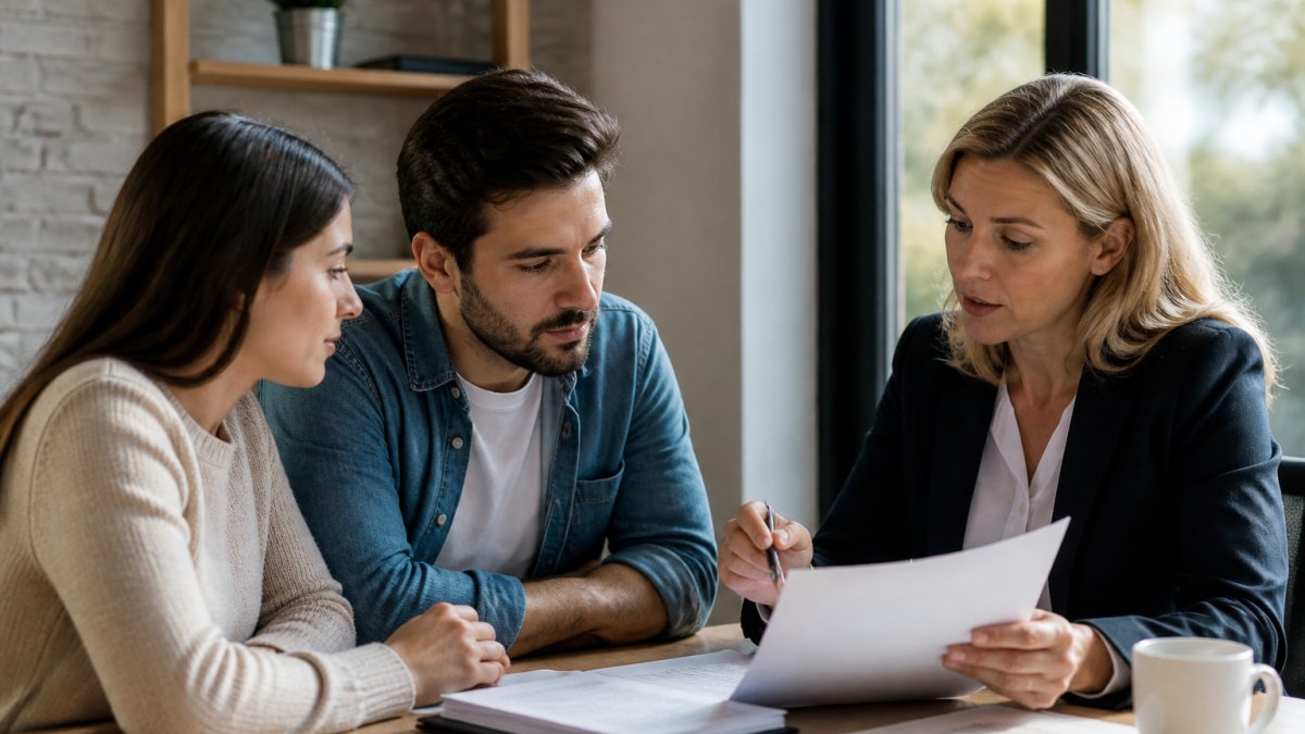 First-time homebuyer sitting at desk with professional solicitor, reviewing property documents and discussing transaction details in a modern office setting with natural lighting