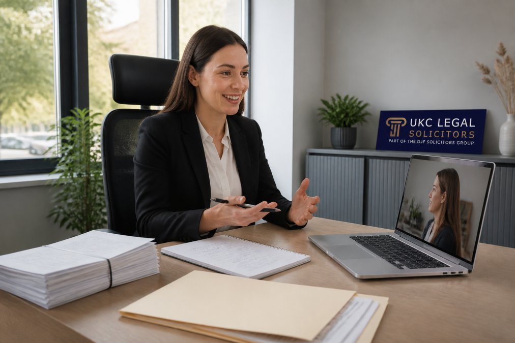 Professional conveyancer in modern office setting speaking with client via video call on laptop, with property documents and notepad visible on desk, warm natural lighting from window