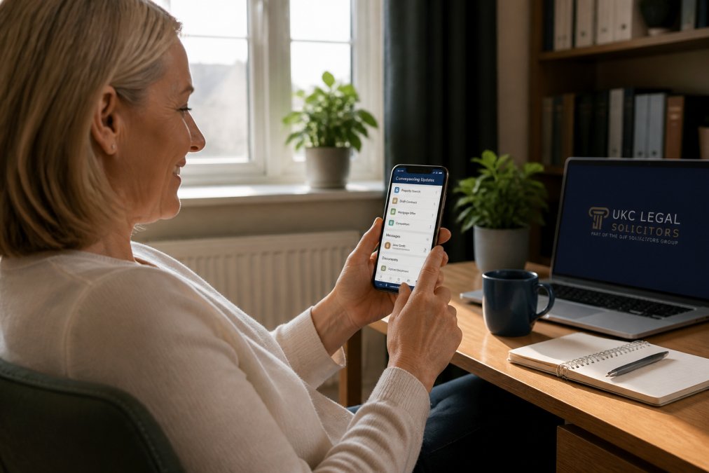 Person holding smartphone displaying conveyancing app interface with property transaction updates, chat notifications, and document upload screen, sitting in modern home office with natural daylight