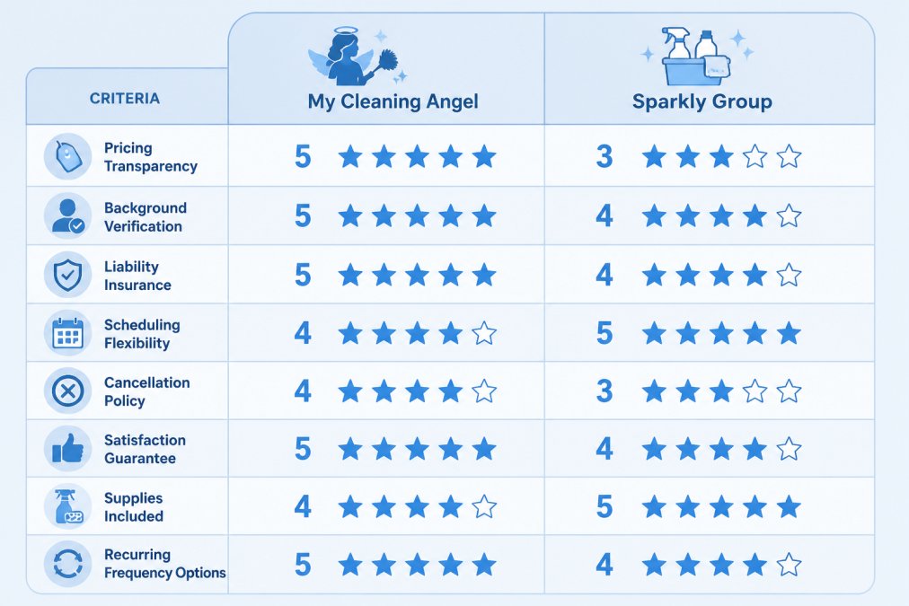Comparison matrix scoring My Cleaning Angel vs Sparkly Group across eight criteria: pricing transparency, background verification, liability insurance, scheduling flexibility, cancellation policy, satisfaction guarantee, supplies included, recurring frequency options, each rated 1-5