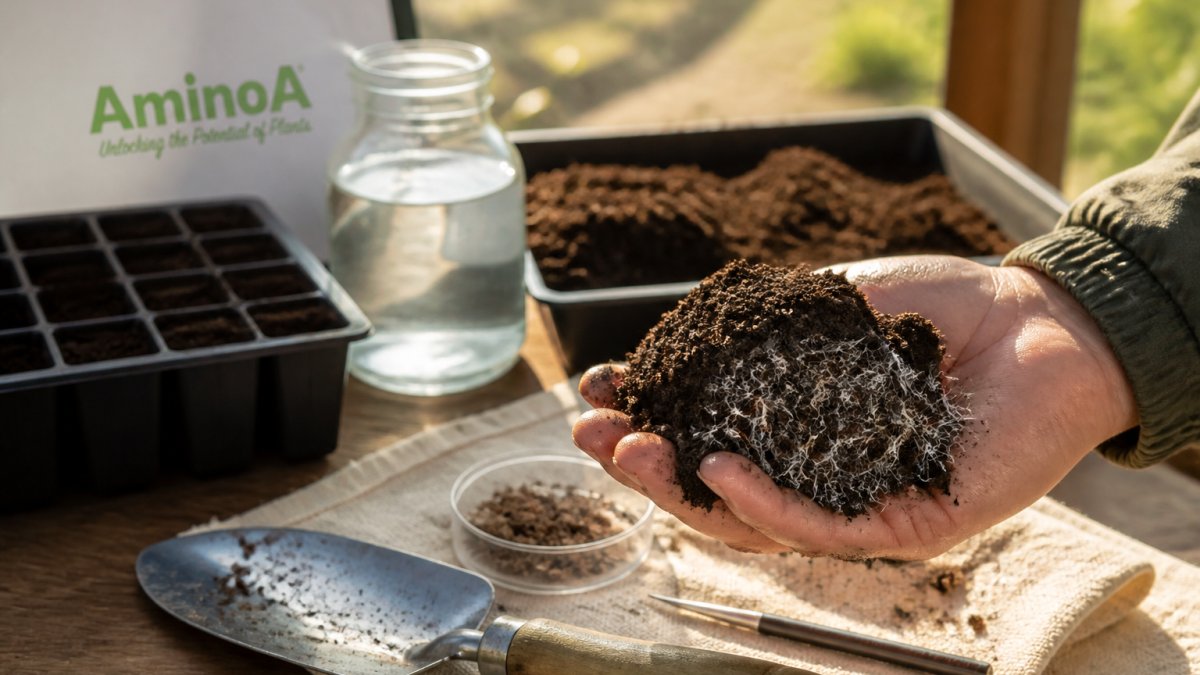 Close-up of farmer's hand holding rich dark soil with visible root structure and fungal networks in morning light