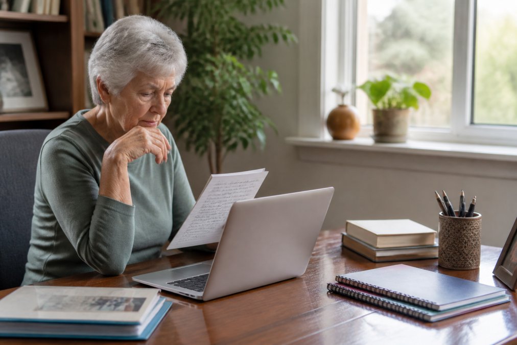 Older adult sitting at a desk with a laptop, thoughtfully reviewing written notes about their life story, warm natural lighting from a window nearby