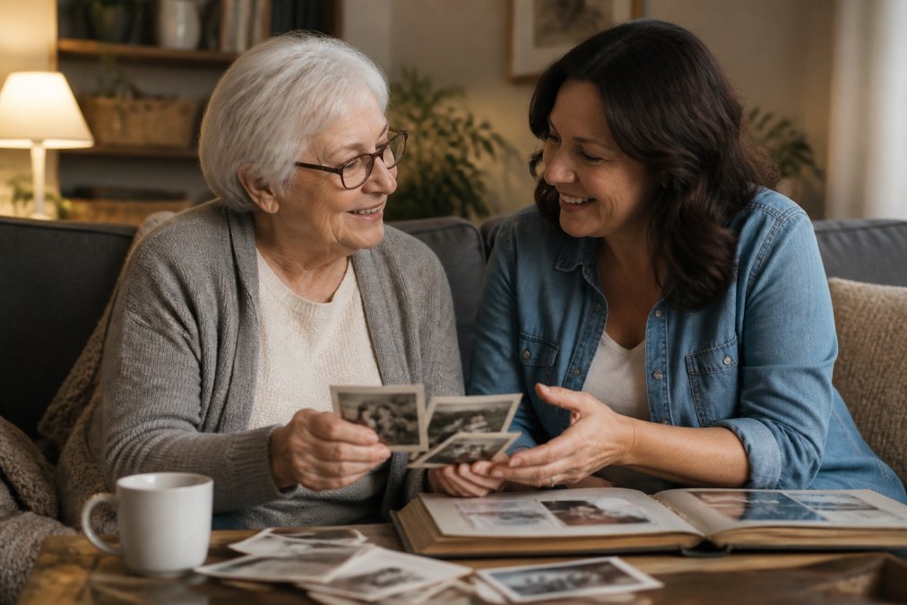 Adult child and aging parent sitting together on a couch, looking at a tablet or laptop screen, having a warm conversation about family memories