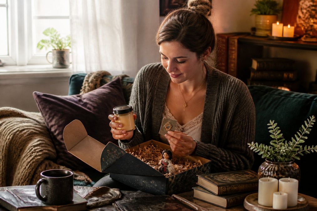 Woman sitting on a cozy couch unboxing a fairy tale themed gift box with a candle, enamel pin, and figurine.