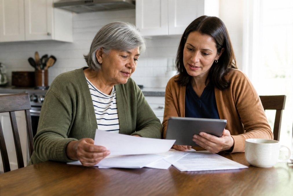 An older adult and an adult child sitting at a kitchen table, reviewing printed documents and a tablet together, with natural light and a warm, calm atmosphere