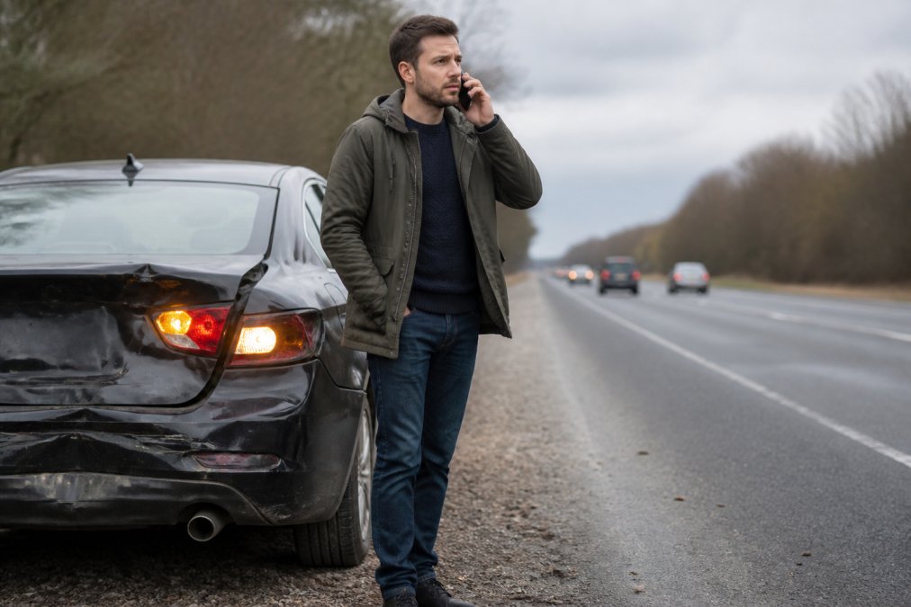 Driver standing beside damaged vehicle on roadside, making a phone call with hazard lights flashing, calm and focused expression, overcast daylight
