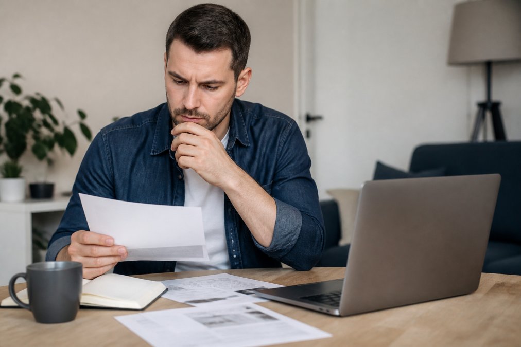 Person at home reviewing accident documents and comparing service options on a laptop with coffee nearby, thoughtful and deliberate expression, natural home office lighting