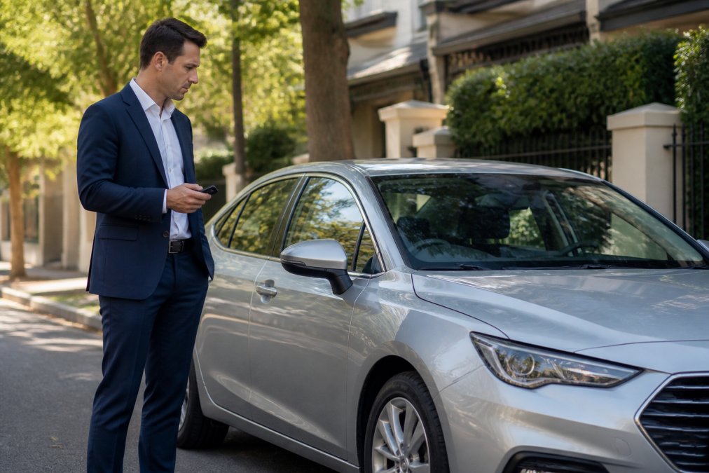 A driver in a business suit standing next to a modern hire car in a sunlit Australian street, holding keys and looking at the vehicle