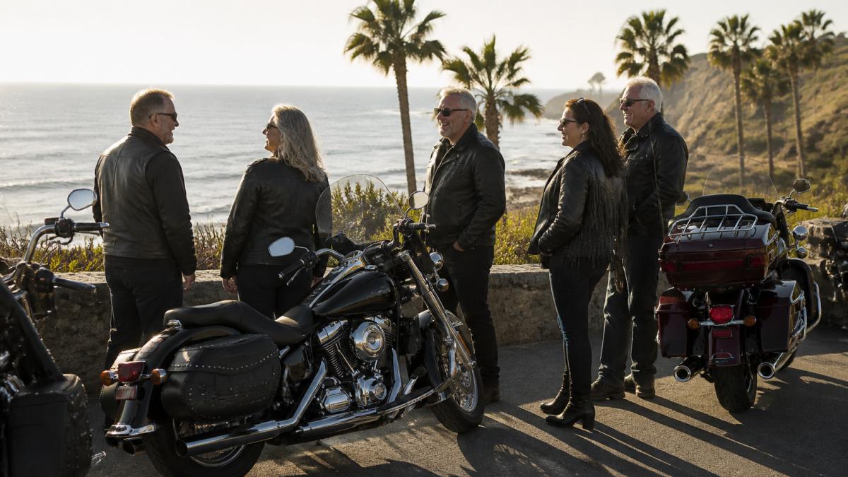 Group of motorcyclists standing by their bikes at a coastal overlook with palm trees and the ocean view