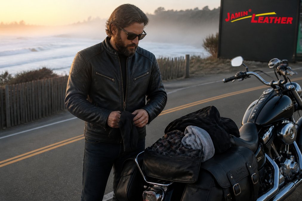 Rider in a black leather jacket standing by a cruiser on a misty coastal road with packed saddlebags