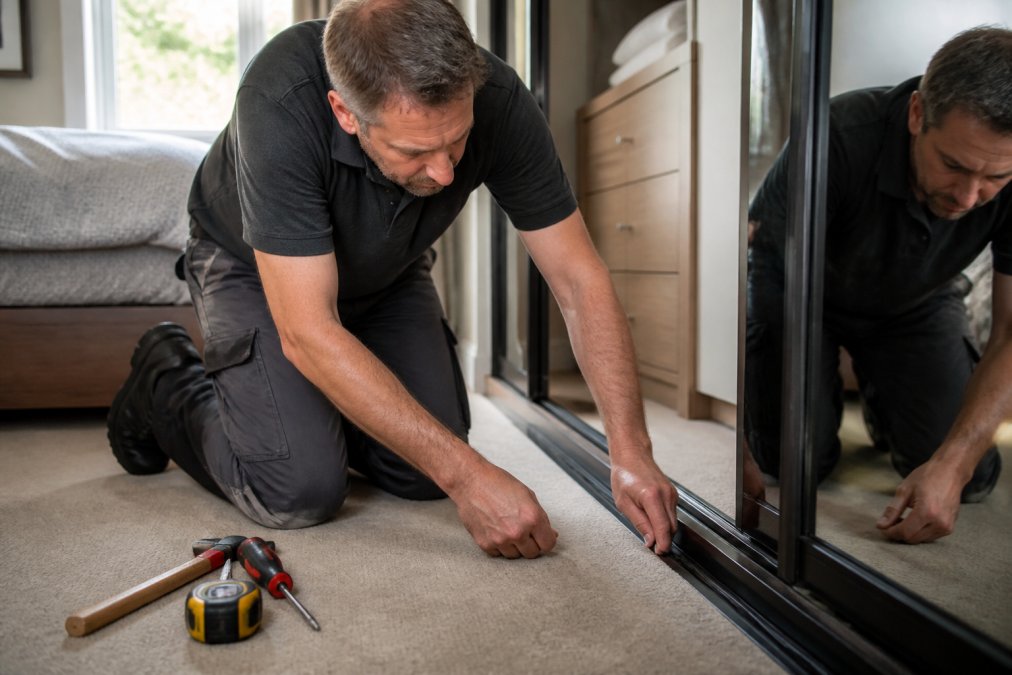 Joiner inspecting a sliding wardrobe door track and soft-close mechanism in a bedroom