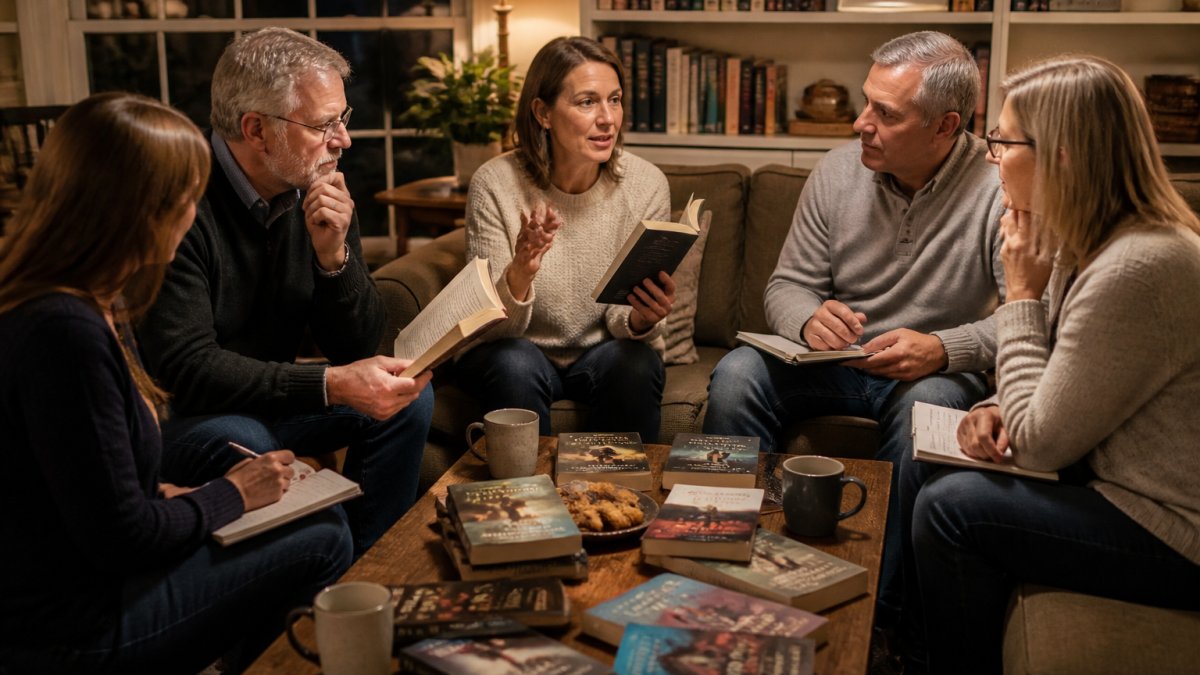 A small group of adults seated in a living room with books and notebooks, mid-conversation about a mystery novel, warm lamp light and a coffee table covered in paperbacks