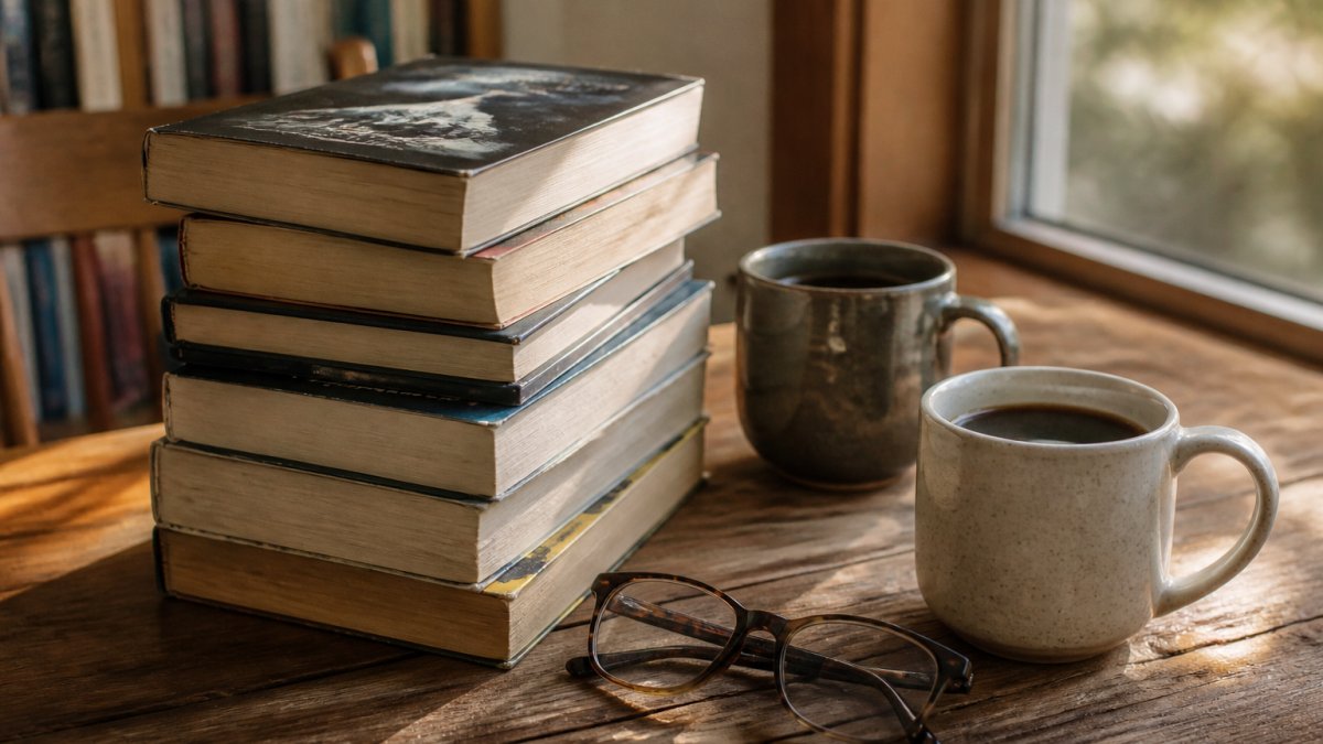 A stack of well-read paperback mystery novels on a wooden table beside two mugs of coffee and reading glasses, soft afternoon light through a window
