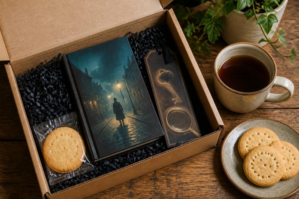 A neatly arranged monthly mystery subscription box containing a crime novel, a cup of freshly brewed tea, biscuits, and a themed bookmark, photographed from above on a warm wooden surface with soft natural lighting