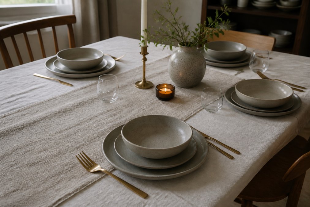 Infographic comparing top brands and features of stoneware dinnerware sets for a table for four