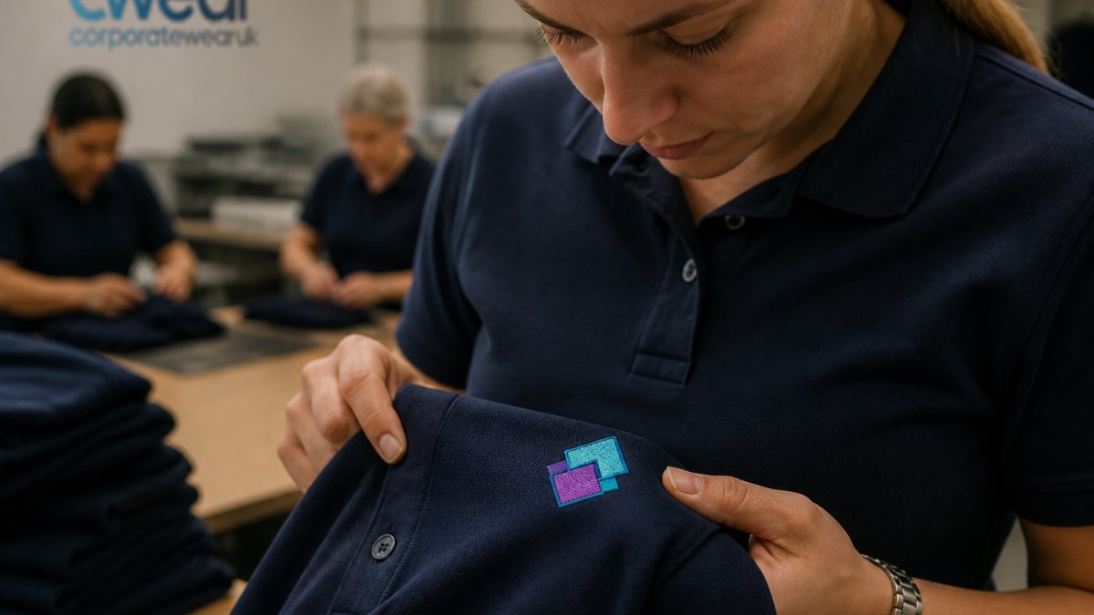 Close-up of a high-quality embroidered company logo on a navy blue polo shirt in an industrial workshop setting