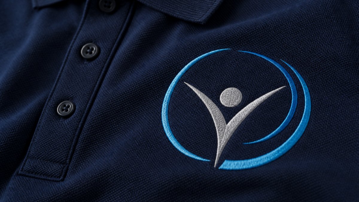 Close-up of crisp embroidered logo on high-quality navy polo shirt showing detailed stitching and thread quality against professional workwear fabric