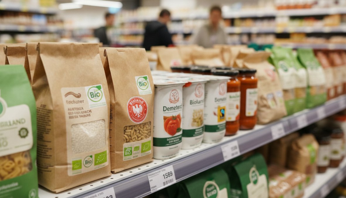 Nahaufnahme von nachhaltige bio produkte im sortiment mit EU-Bio-Siegel, Demeter- und Bioland-Logo im Supermarktregal.