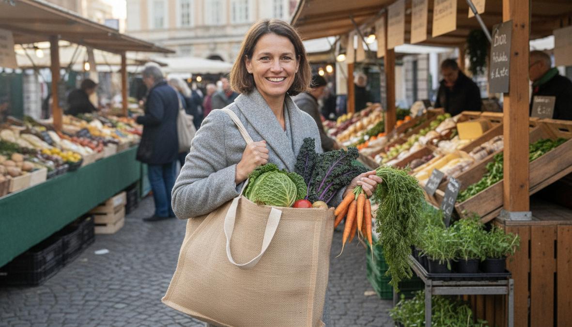 Frau hält auf einem Wochenmarkt einen Jutebeutel mit Gemüse, während im Hintergrund nachhaltige Bio-Produkte im Sortiment ...