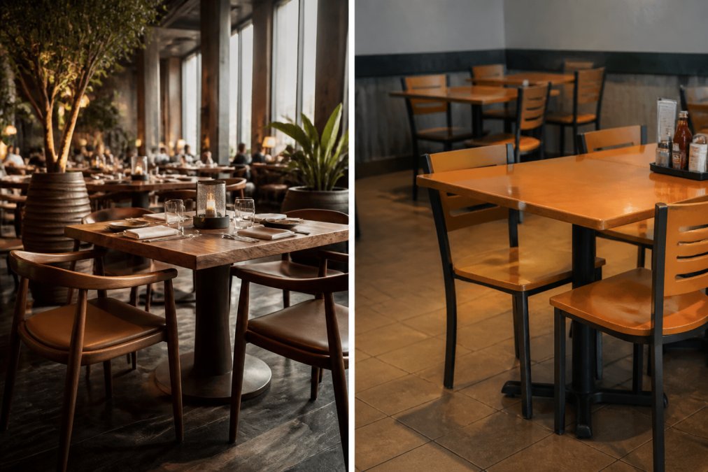 Elegantes Restaurantinterieur mit massiven Holztischen und handgefertigten Stühlen in warmem Licht, gedeckte Tische, hohe Decken, Gäste im Hintergrund unscharf