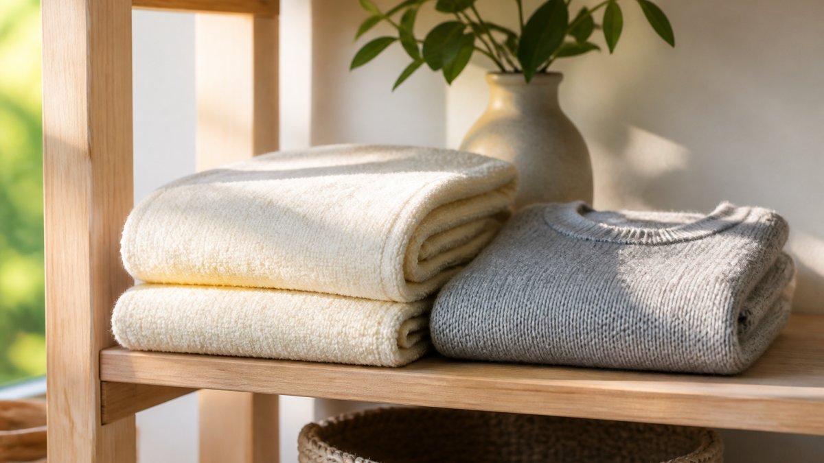 Cremefarbenes Baumwollhandtuch und grauer Wollpullover ordentlich auf einem minimalistischen Holzregal arrangiert