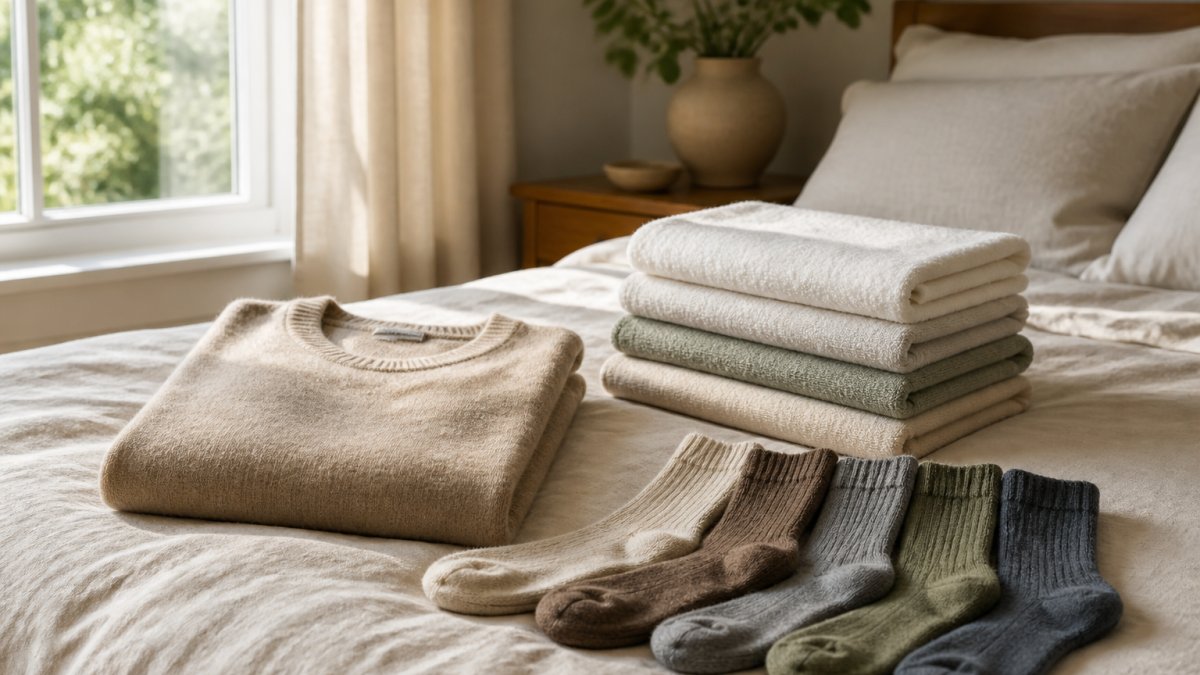 Gemütliches Schlafzimmer mit natürlichen Textilien: Ein Damenpullover aus Wolle und Kaschmir liegt ordentlich zusammengefaltet auf einem Bett aus Leinen, daneben gestapelte Baumwollhandtücher und ein 5er-Set Socken, weiches Tageslicht fällt durch ein großes Fenster auf die Szene