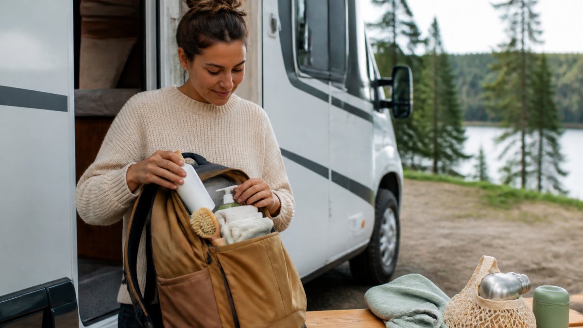 Camperin mit Rucksack vor ihrem Wohnmobil, die nachhaltige Pflege- und Kosmetikprodukte in ihrem Rucksack organisiert und packt