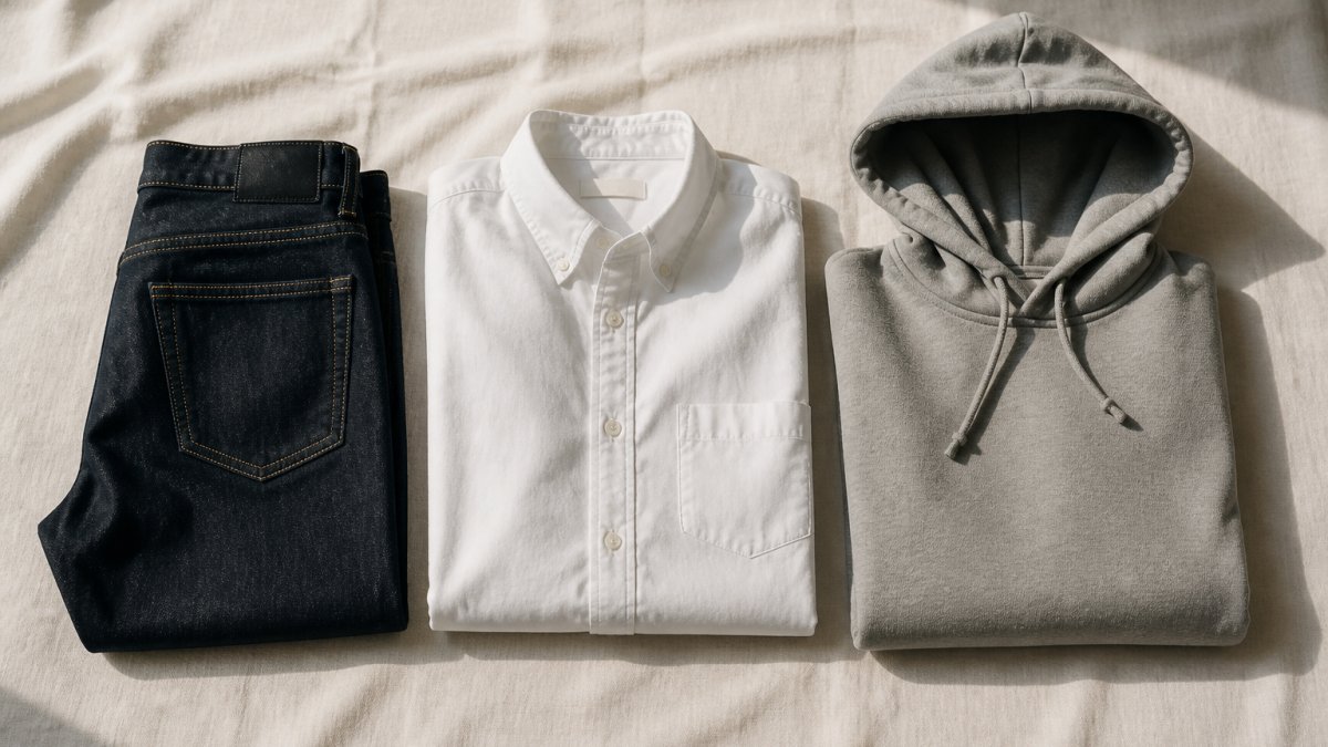 Ein Mann trägt klassische, zeitlose Basics: dunkle Jeans, weißes Oxford-Hemd und einen neutralen Hoodie, arrangiert nebeneinander auf heller Oberfläche, um die Vielseitigkeit und Kombinierbarkeit zu zeigen
