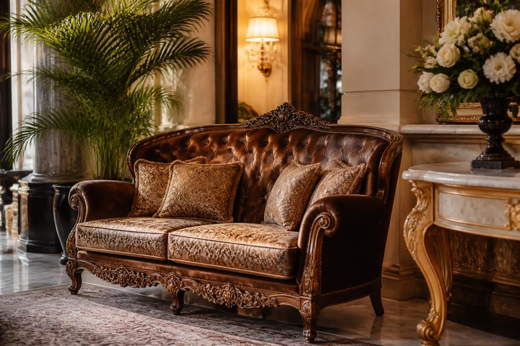 Elegante Hotellobby mit einem prunkvollen Barock-Sofa aus Massivholz von Casa Padrino, das in warmem Licht neben einer Marmorkonsole steht und eine Atmosphäre von zeitlosem Luxus und Nachhaltigkeit vermittelt