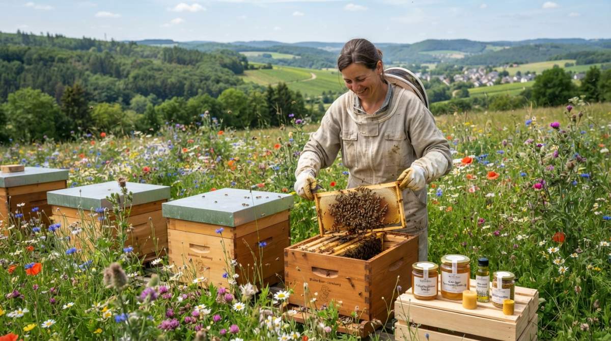 Imker arbeitet an einem Bienenstock in einer grünen Luxemburger Landschaft mit Wildblumen und Bienenweide im Hintergrund, weiches Morgenlicht über Feldern