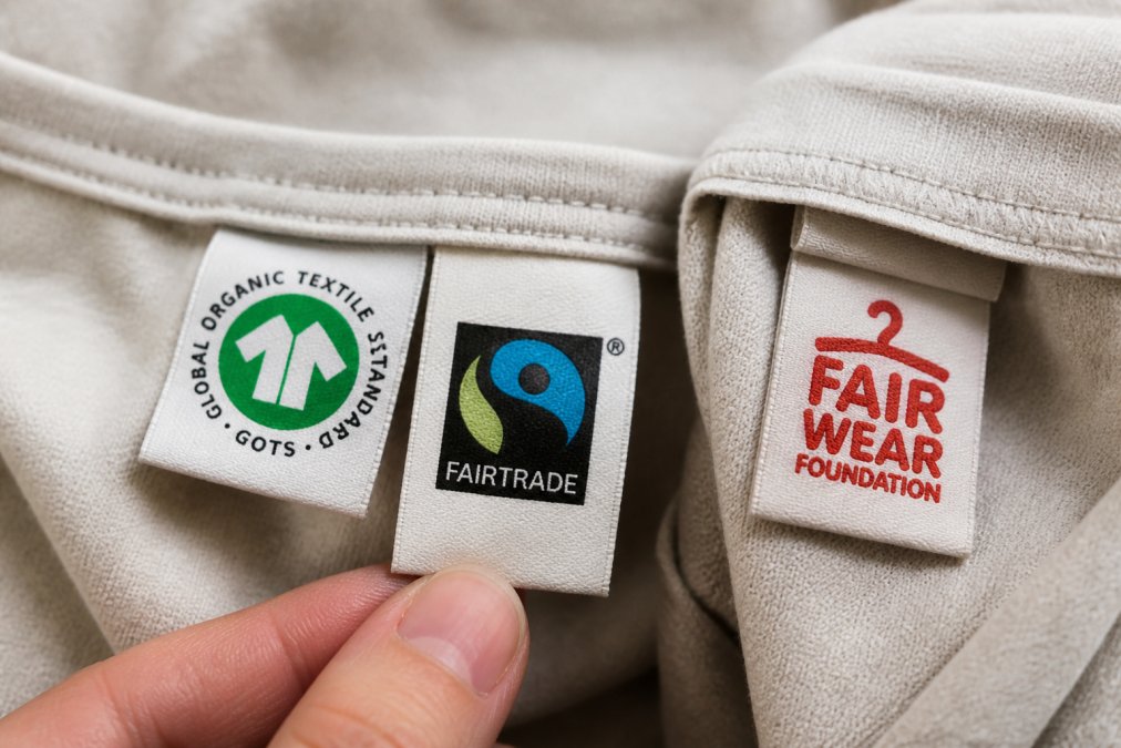 Nahaufnahme von GOTS, Fairtrade und Fair Wear Siegeln als nachhaltige Kleidung Alternativen an einem Textiletikett.