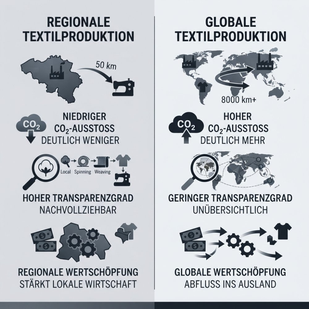 Infografik mit Vergleich regionaler vs. globaler Textilproduktion: Transportweg 50 km vs. 8000 km, CO2-Ausstoß, Transparenzgrad, regionale Wertschöpfung