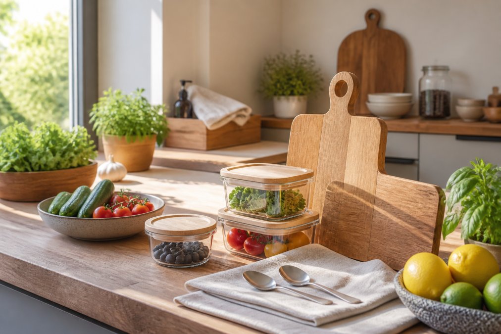 Helle, moderne Küche mit Holzschneidebrettern, Glasbehältern, Edelstahllöffeln und natürlichen Leinentüchern auf der Arbeitsfläche, arrangiert neben frischem Gemüse und Obst, warmes Tageslicht von links