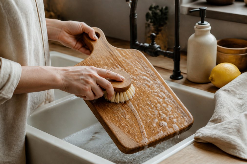 Nahaufnahme von Händen, die ein Holzschneidbrett mit warmem Wasser und einer Bürste reinigen, mit Zitrone und natürlichem Reinigungsmittel in Flaschen daneben auf der Arbeitsfläche