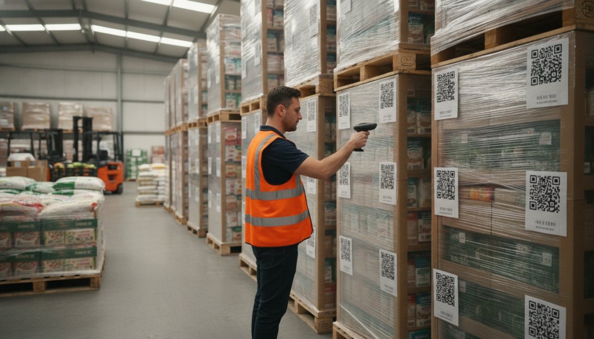 Lagerarbeiter scannt QR-Codes auf Paletten für eine nachhaltige Lieferkette im Lebensmittelhandel aufbauen im Kühlhaus.