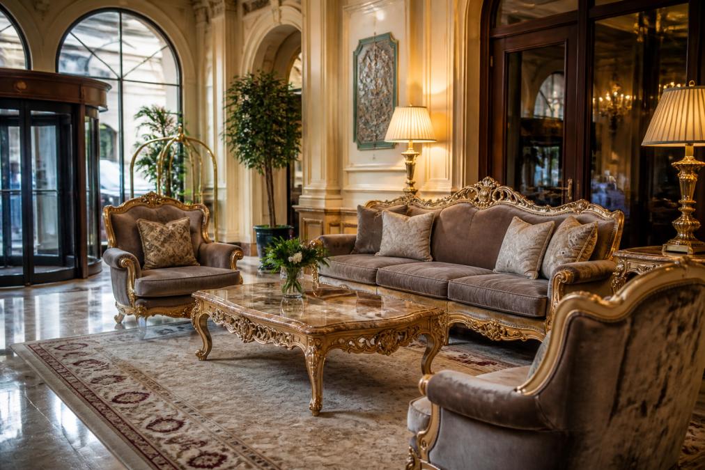 Elegante Hotellobby mit massiven Barockmöbeln aus zertifiziertem Holz, edlen Stoffbezügen und warmem Licht, das die handwerkliche Qualität und den nachhaltigen Luxus der Einrichtung unterstreicht