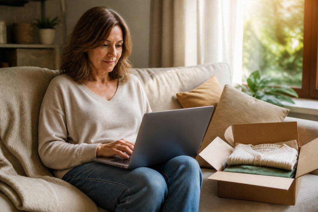 Eine Frau mittleren Alters sitzt entspannt mit einem Laptop auf dem Sofa und betrachtet einen Online-Modeshop mit nachhaltiger Kleidung, daneben liegt ein geöffnetes Paket mit gefalteter Kleidung, warmes Nachmittagslicht durch das Fenster