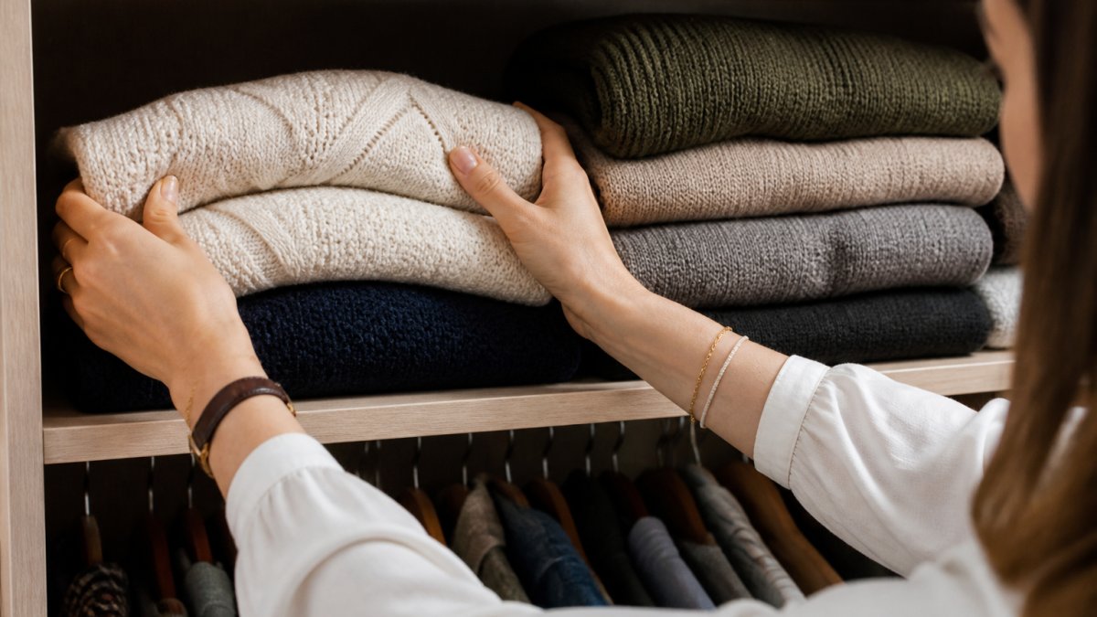 Hände ordnen sorgfältig ein hochwertiges Kleidungsstück in einem Kleiderschrank bei sanftem Licht.
